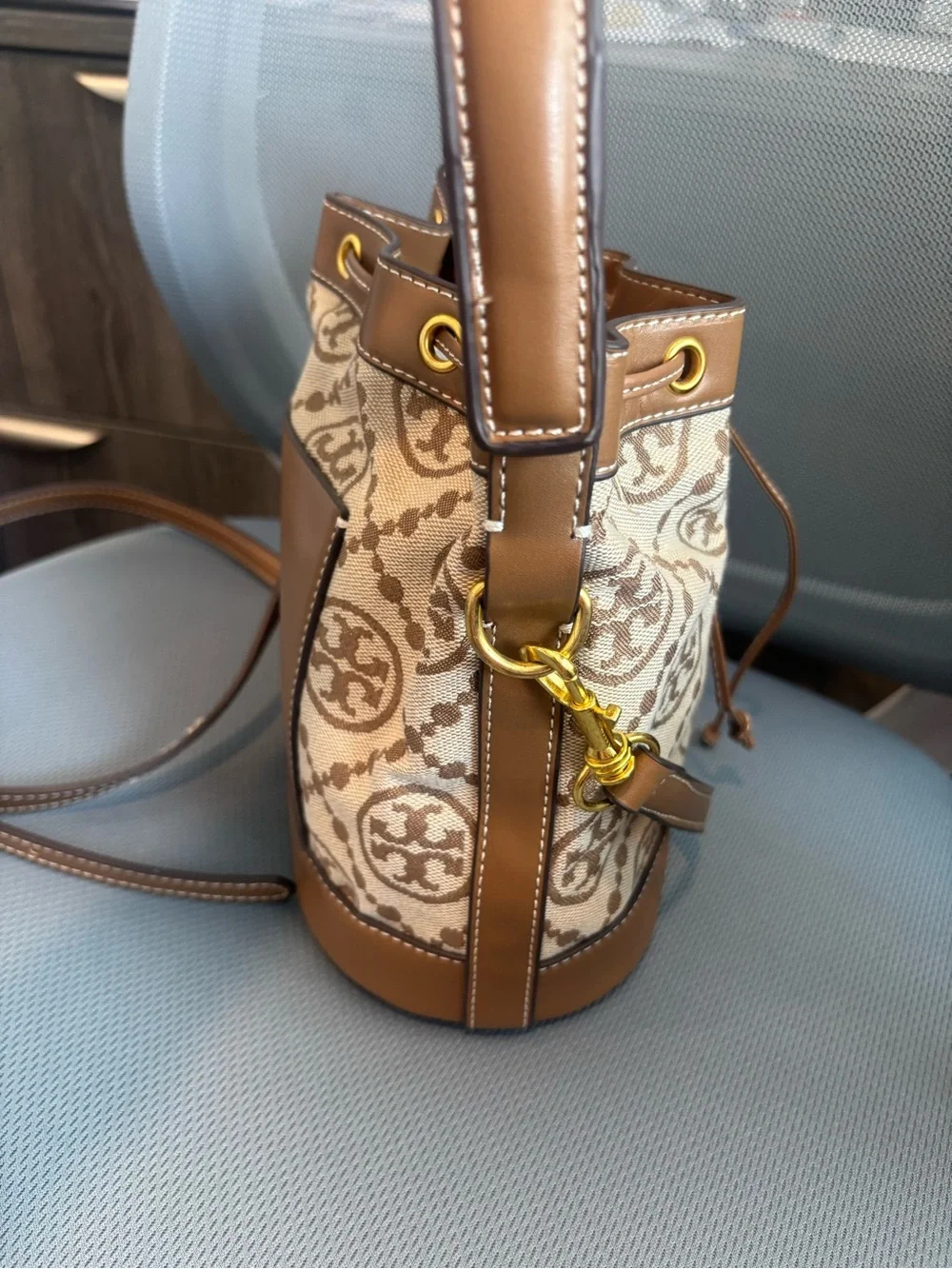 Tory Burch Beige and Brown Logo Canvas Drawstring Mini Bucket Bag